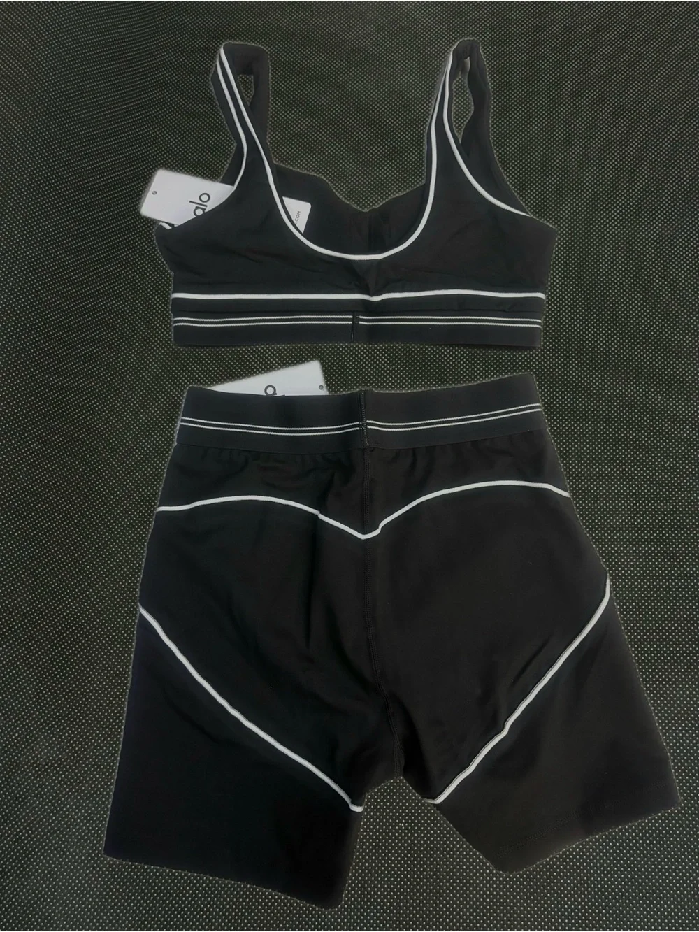 ALO Yoga Black Sports Bra & Bike Shorts Set with White Contrast Trim